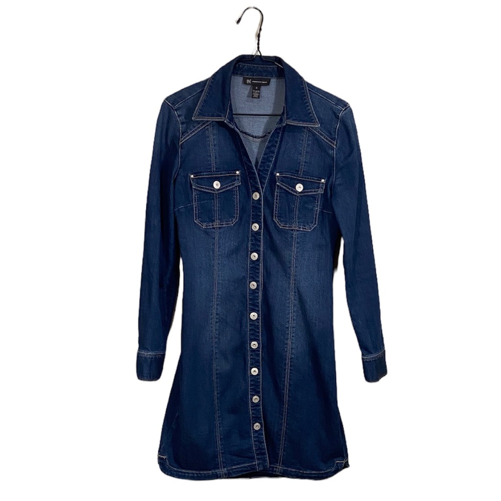 INC LONG BLUE WASH DENIM/JEAN BUTTON-UP COLLARED JACKET, LONG SLEEVED, SIZE 4